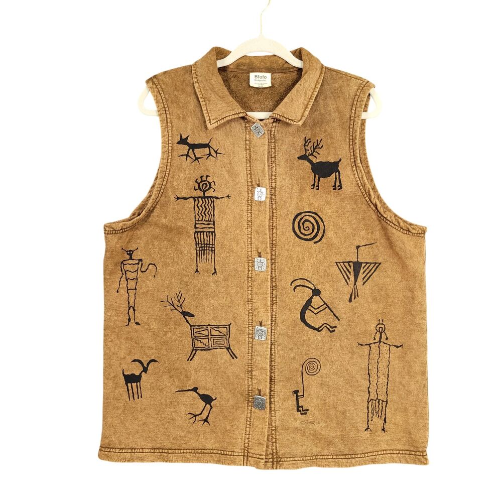 BFOFO Tan Tribal Aztec Petroglyph Cave Art Boho Western Button Vest SIZE MEDIUM
